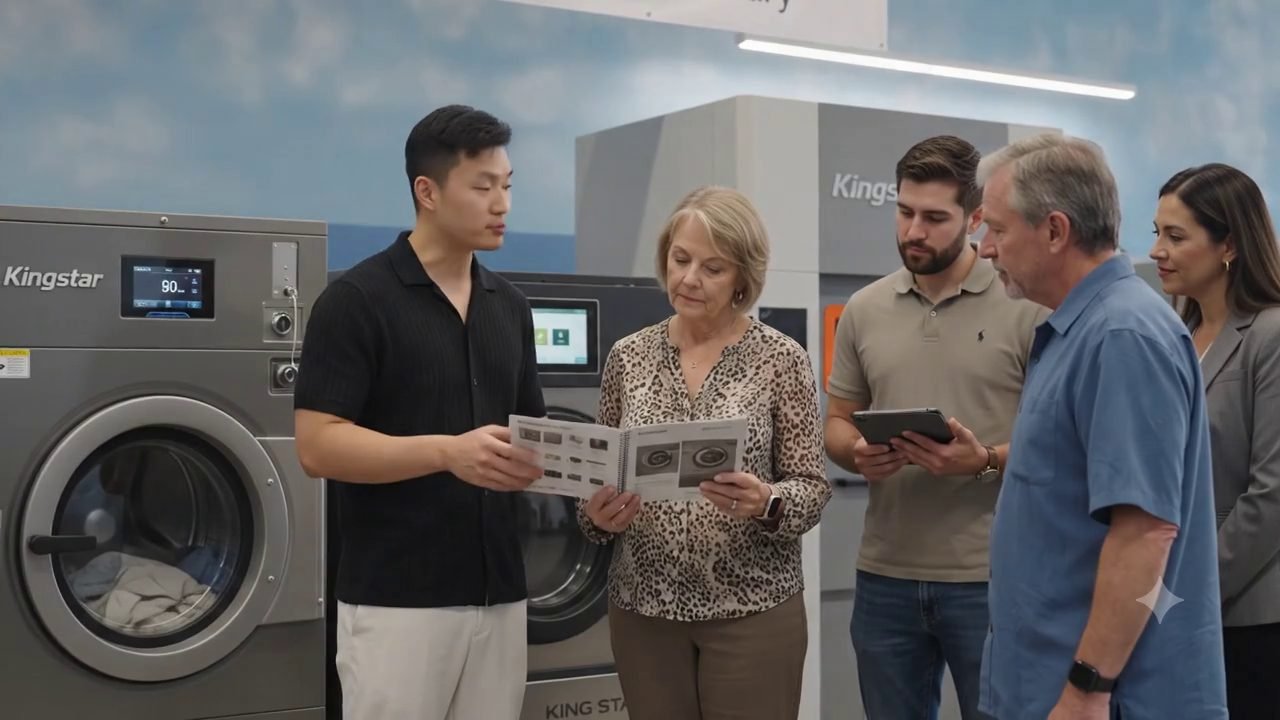 Interior of a laundromat fitted with a row of Kingstar commercial washers