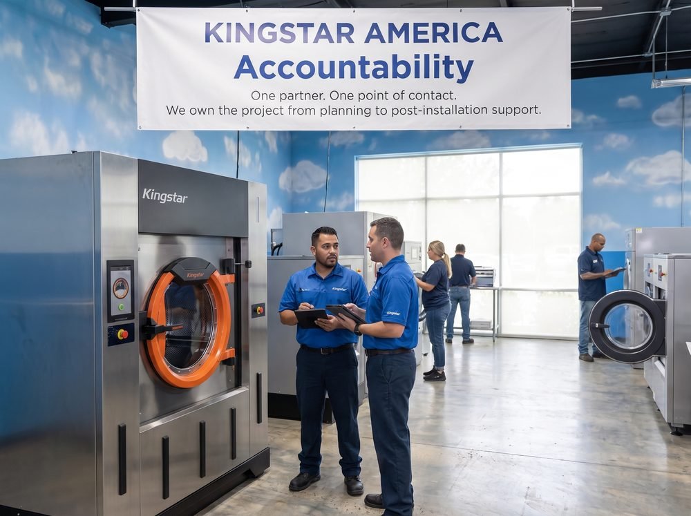 Two Kingstar America team members reviewing a project on tablets under an Accountability banner — one partner, one point of contact