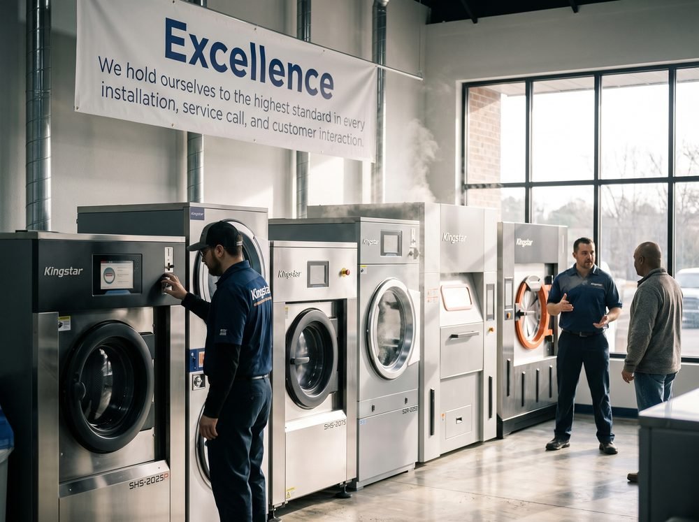 Kingstar America technician demonstrating a commercial laundry machine beneath an Excellence banner in the showroom