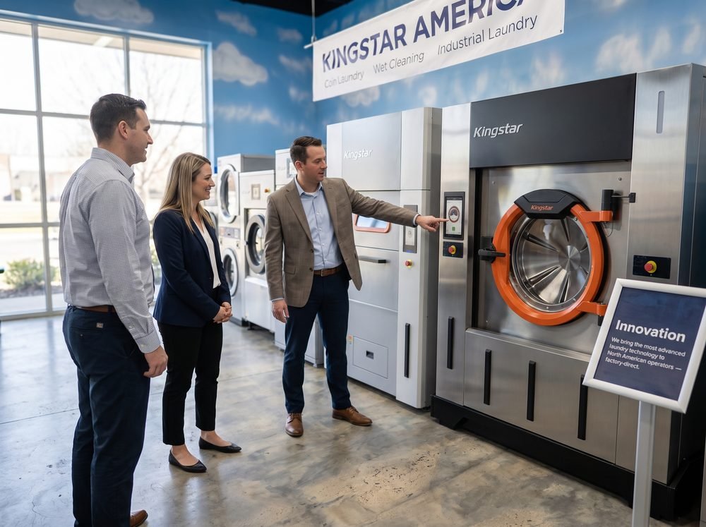 Kingstar America representative showing advanced factory-direct laundry technology to operators under an Innovation sign