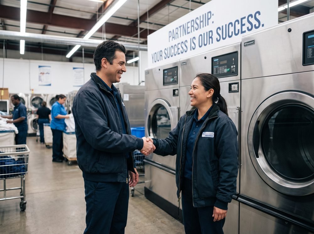Kingstar America team member and a laundry operator shaking hands beneath a Partnership: your success is our success banner