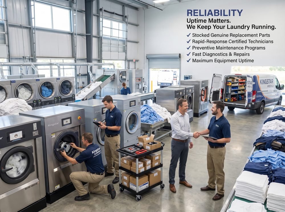 Kingstar America service team with a stocked parts van keeping commercial laundry equipment running for maximum uptime