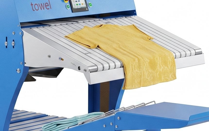 Yellow towel being folded on the air blowing folder conveyor