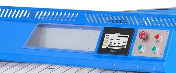 Touchscreen control panel with emergency stop and operator buttons