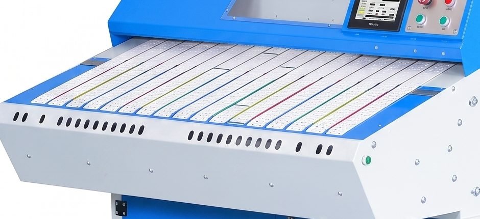 Color-guided multi-lane infeed table on the mechanical blade folder