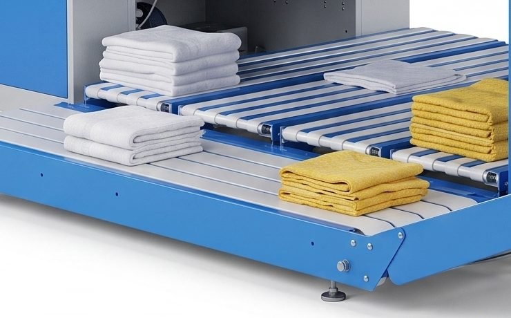 Neatly folded white and yellow towels stacked at the folder output