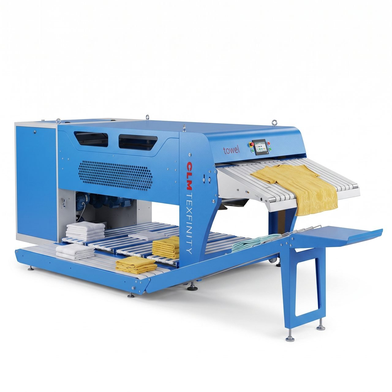 CLM Texfinity automatic towel folder in blue livery, feeding a yellow towel across the infeed conveyor and stacking finished folds on the lower output belt.