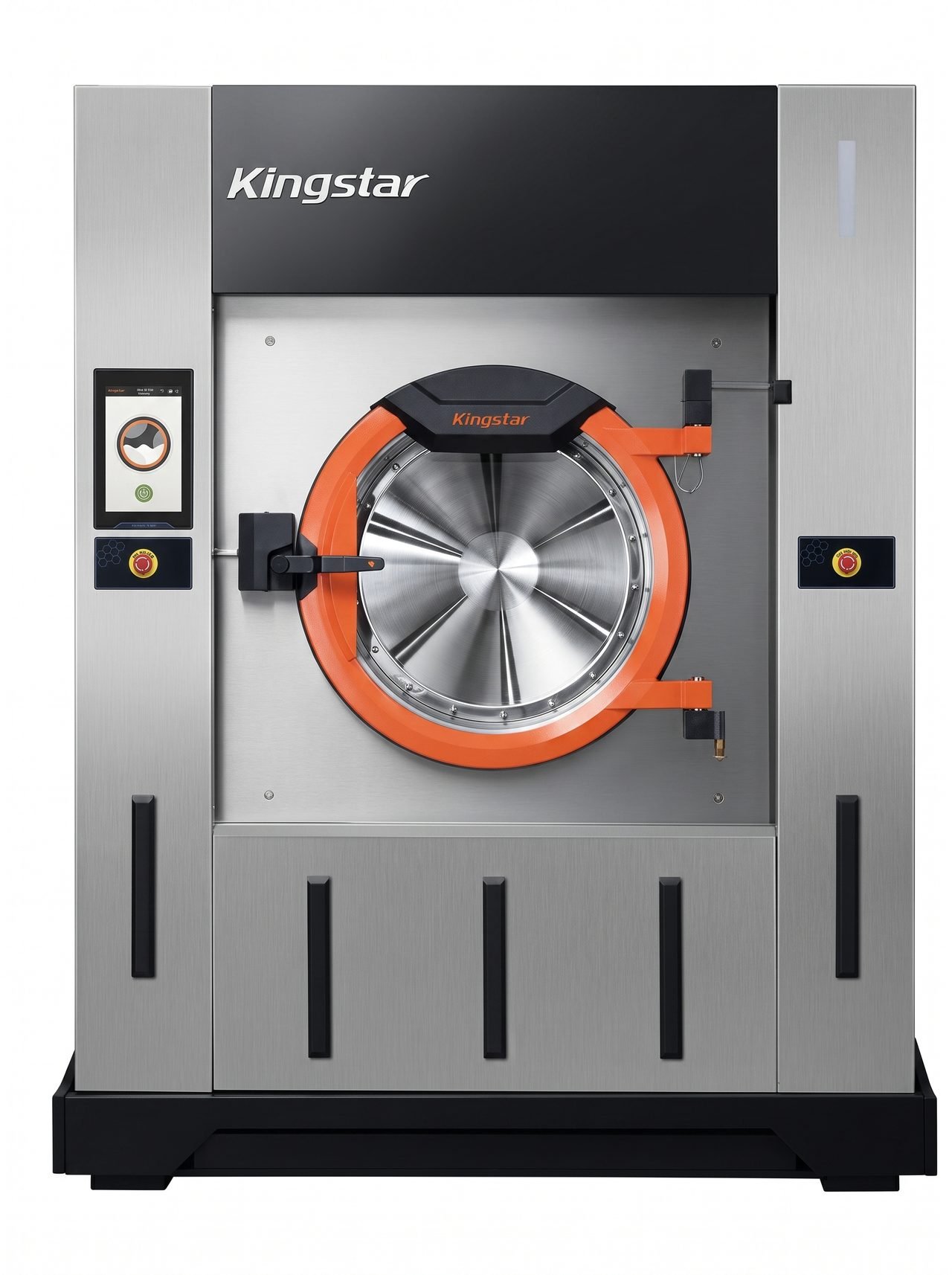 Kingstar industrial washer-extractor with a stainless steel cabinet, high-visibility orange door ring, twin emergency stops and a colour touchscreen controller, built for continuous high-volume laundry production.