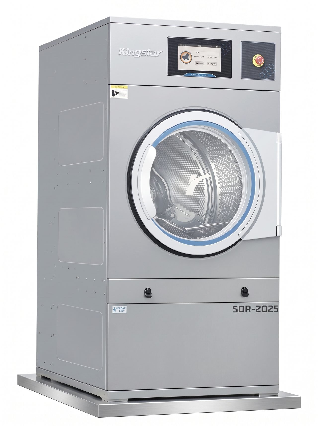 Kingstar SDR-2025 tumble dryer for professional wet cleaning, with a large perforated stainless drum, moisture-sensing touchscreen controls and a front lint access panel.