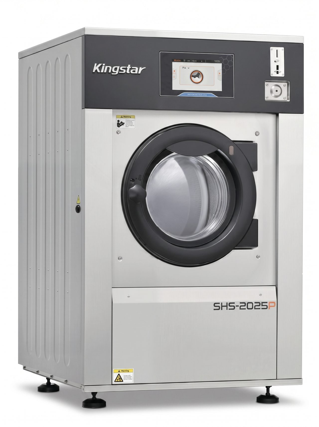 Kingstar SHS-2025P coin-operated washer-extractor with an integrated coin drop, card reader slot and vend touchscreen, specified for self-service laundromat floors.