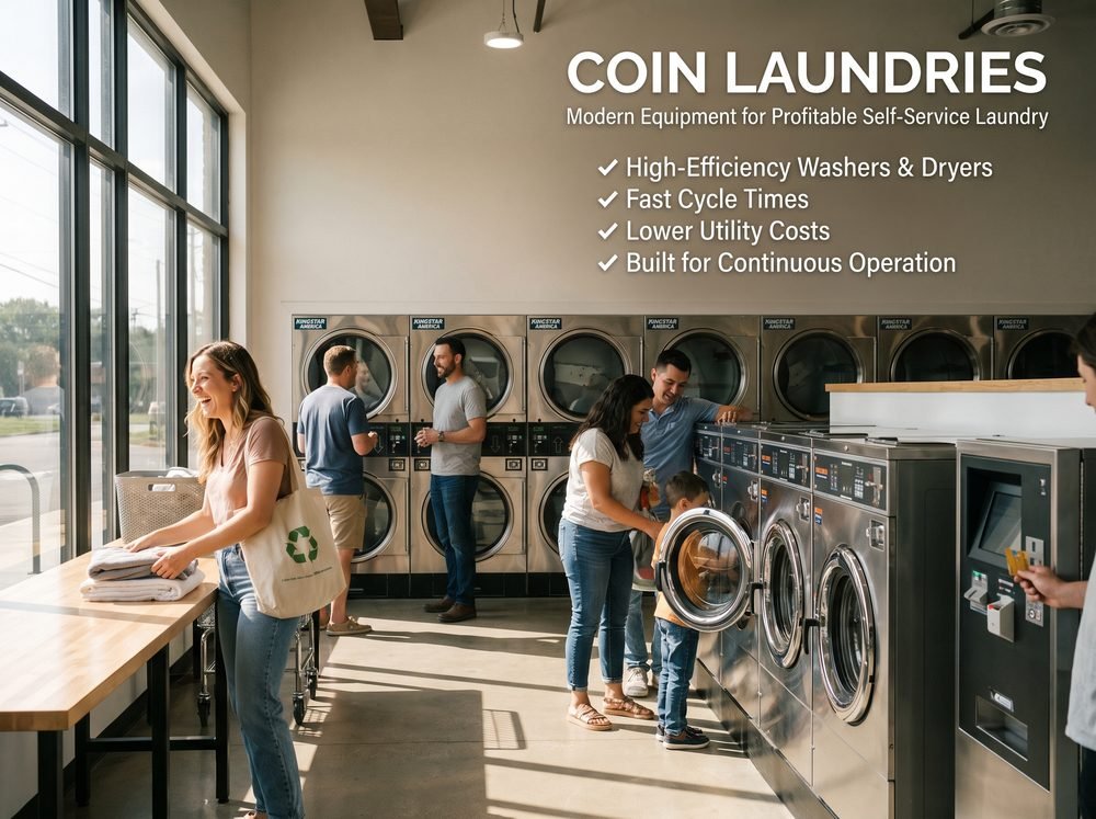 Customers using high-efficiency Kingstar America washers and dryers in a bright modern self-service coin laundromat