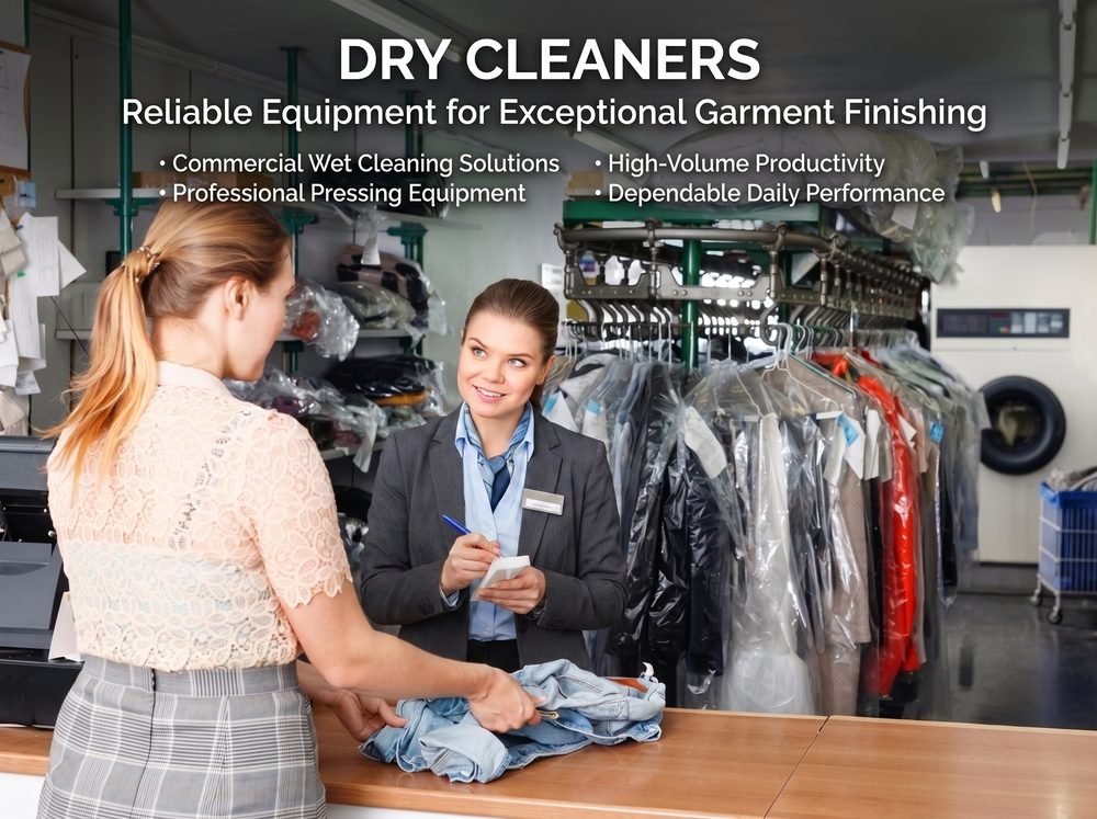 Dry cleaning counter attendant assisting a customer among pressed garments using professional wet-cleaning and pressing equipment