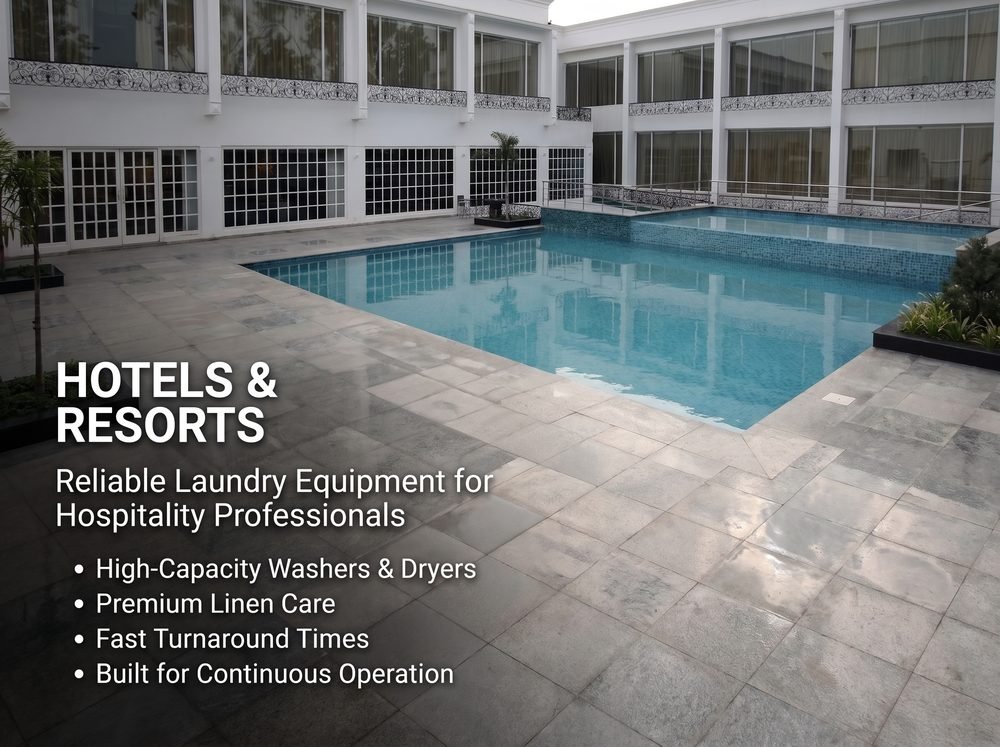 Resort pool courtyard illustrating high-capacity Kingstar America laundry equipment for hotels and hospitality linen care