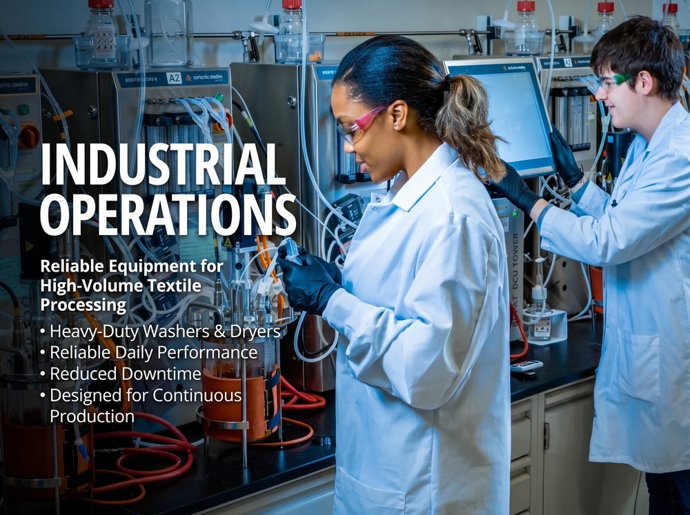 Technicians in lab coats operating heavy-duty Kingstar America equipment for high-volume industrial textile processing