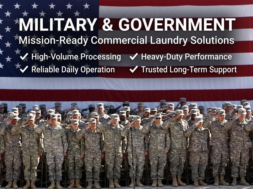 Uniformed service members saluting before a United States flag, representing mission-ready Kingstar America laundry for military and government facilities