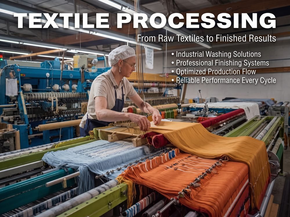 Worker guiding colorful fabric through a textile mill, representing Kingstar America industrial washing and finishing systems