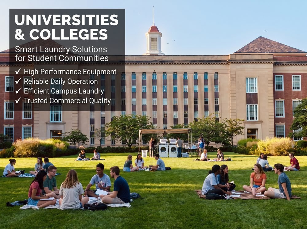 Students relaxing on a college campus lawn with commercial laundry equipment serving university student housing