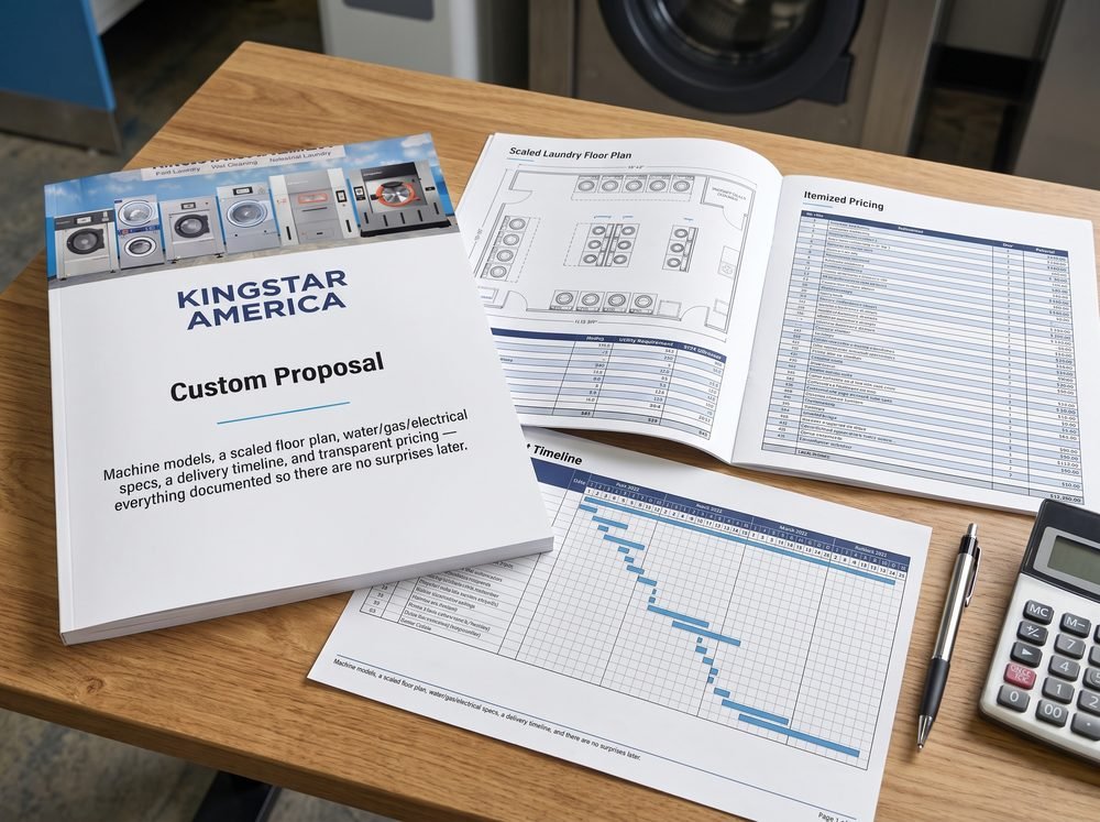 Kingstar America custom proposal with a scaled laundry floor plan, itemized pricing, and delivery timeline laid out on a desk