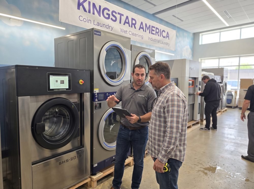 Kingstar America specialist reviewing a laundromat owner's floor space and equipment needs on a tablet during a free consultation