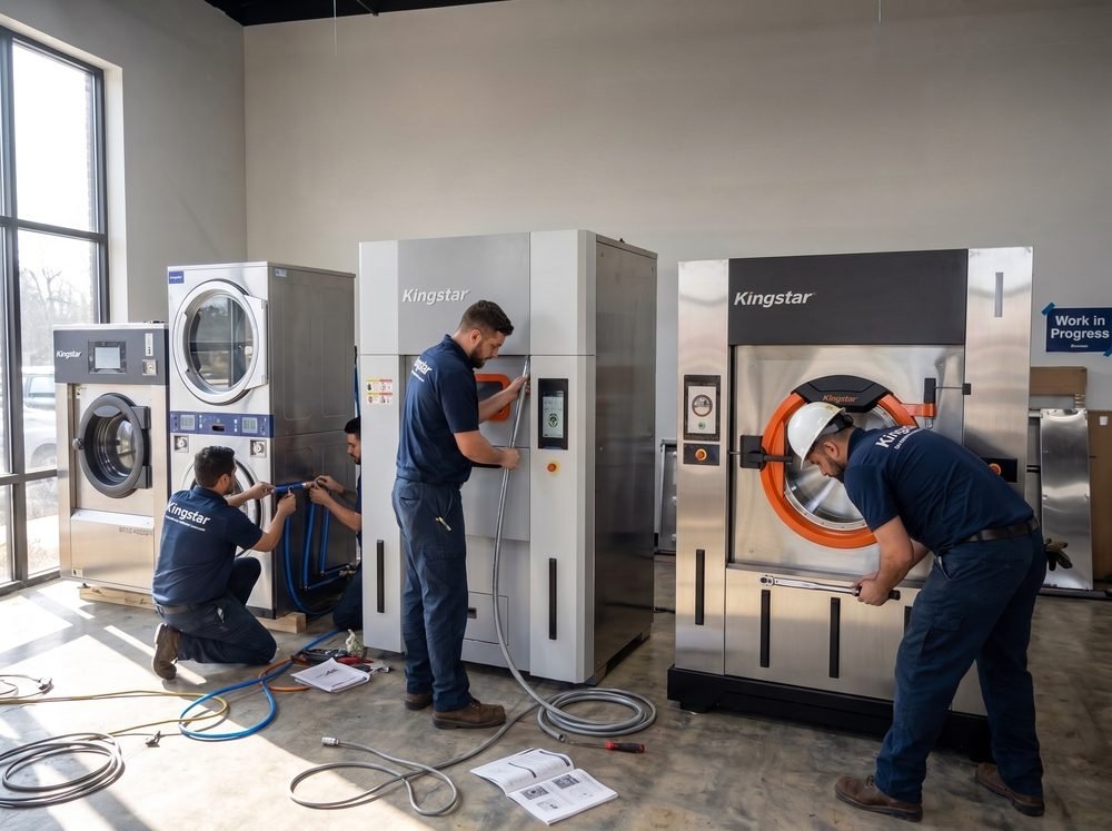 Factory-trained Kingstar America technicians installing and connecting commercial washers and dryers in a new facility