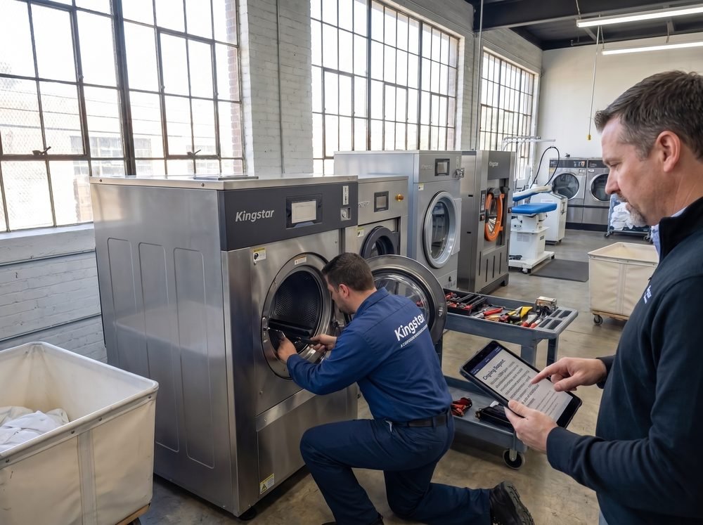 Kingstar America technician performing ongoing maintenance and service on a commercial laundry machine to minimize downtime