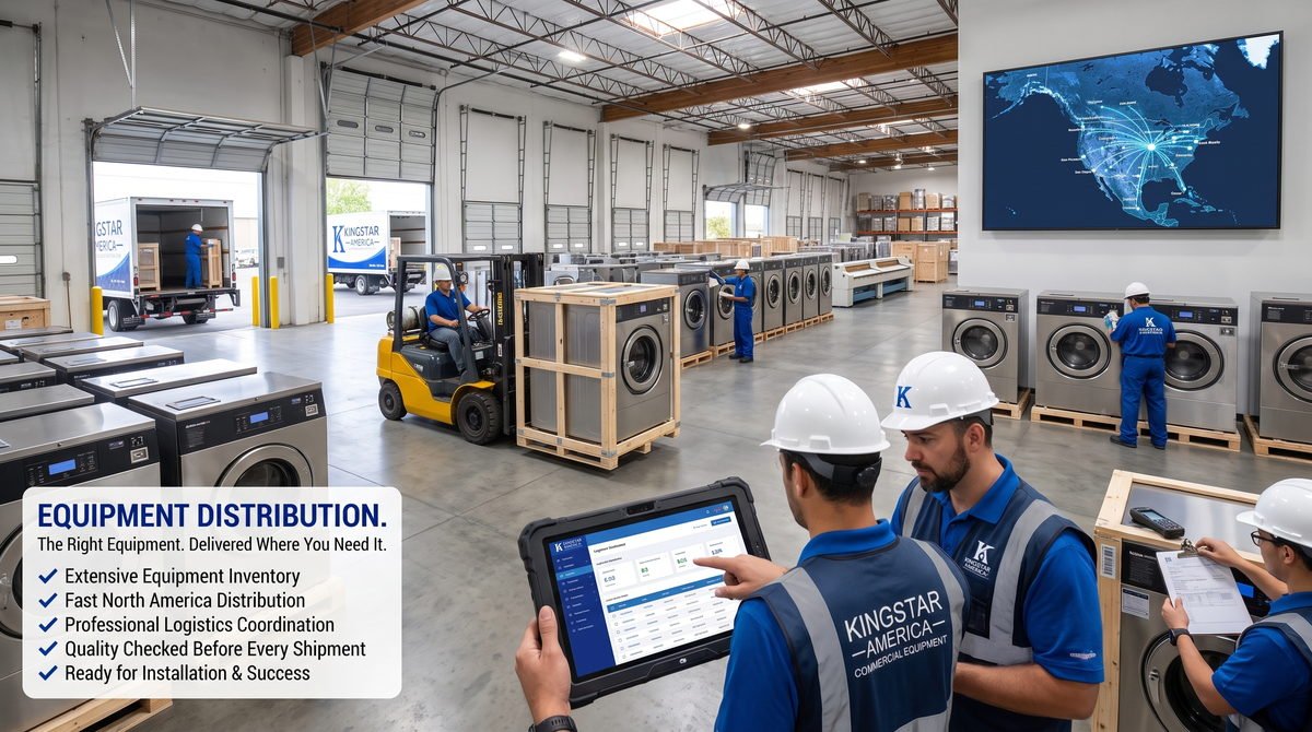 Kingstar America equipment distribution warehouse with crated commercial washers on pallets, a forklift loading a branded delivery truck and a North America logistics map — extensive equipment inventory, fast North America distribution, professional logistics coordination, and quality checks before every shipment.