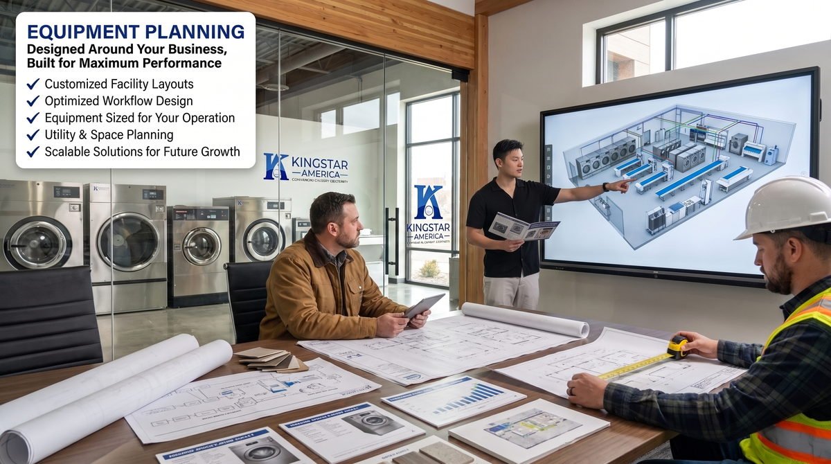 Kingstar America equipment planning session — specialists reviewing a commercial laundry facility layout, blueprints and a 3D floor plan covering customized layouts, optimized workflow design, equipment sizing, utility and space planning, and scalable solutions for future growth.