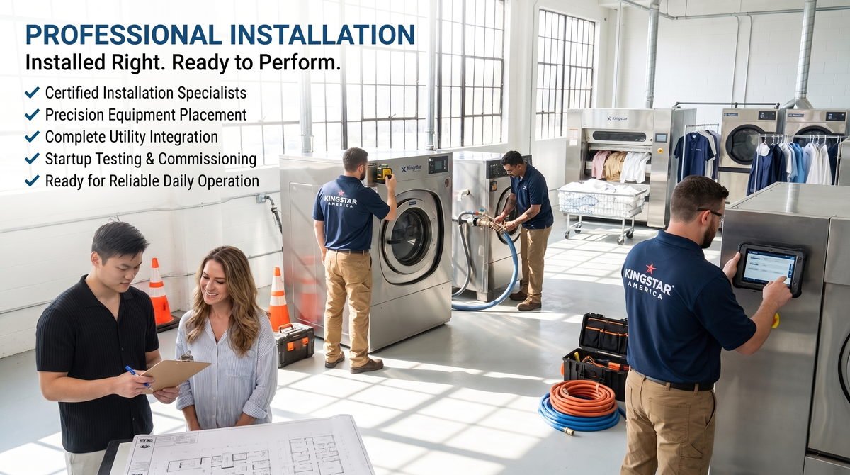 Kingstar America professional installation crew setting commercial washers and dryers in place, connecting utilities and running startup commissioning tests — certified installation specialists, precision equipment placement, complete utility integration, and equipment ready for reliable daily operation.