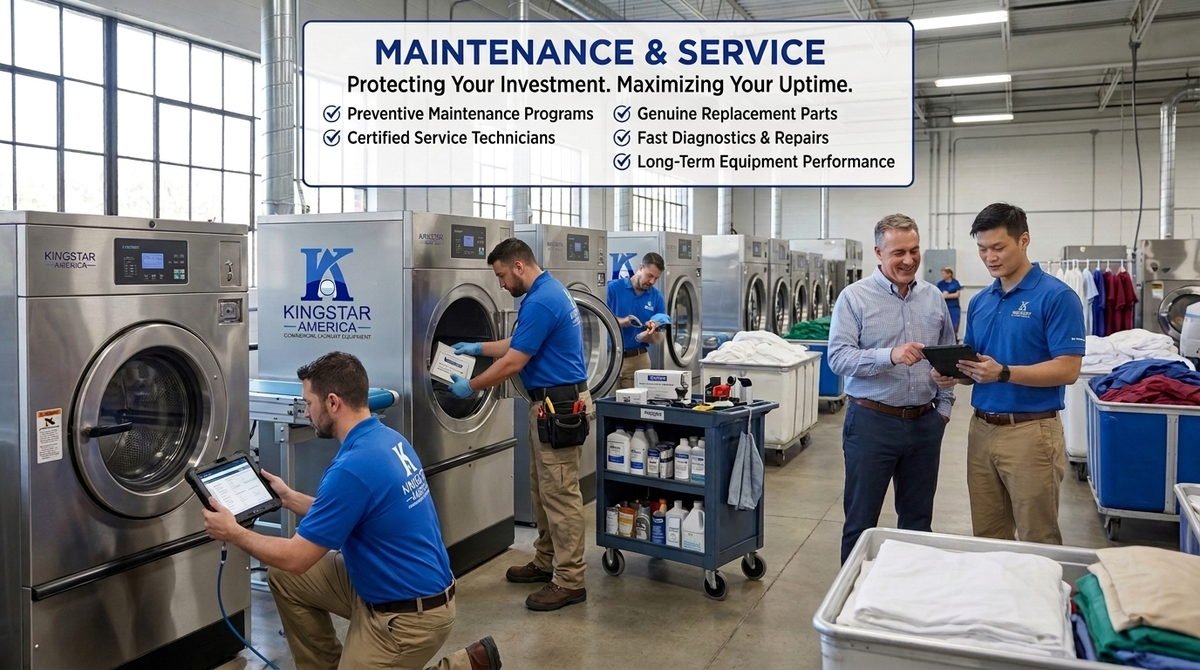 Kingstar America maintenance and service technicians performing preventive maintenance on commercial laundry machines with genuine replacement parts and a diagnostic tablet — preventive maintenance programs, certified service technicians, fast diagnostics and repairs, and long-term equipment performance.