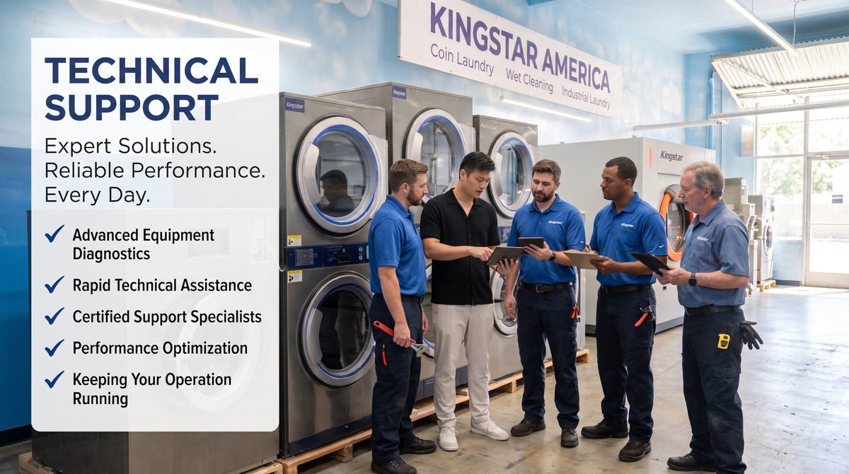 Kingstar America technical support specialists reviewing equipment diagnostics on a tablet beside stacked commercial washer-dryers — advanced equipment diagnostics, rapid technical assistance, certified support specialists, and performance optimization that keeps your operation running.