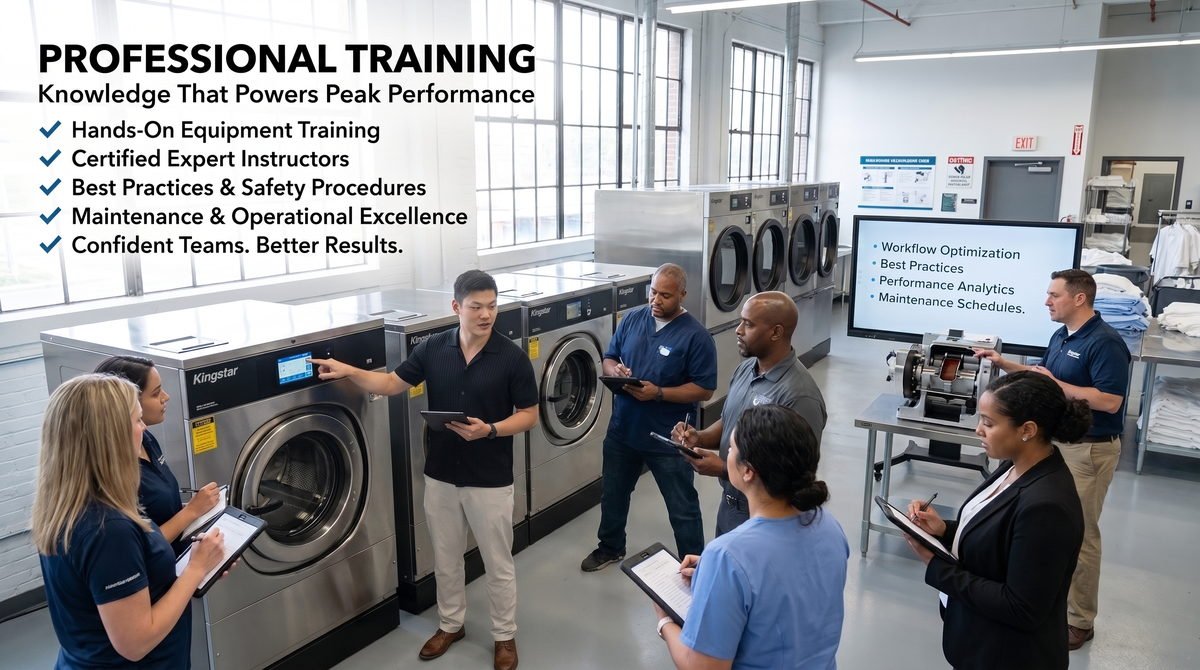 Kingstar America professional training session — an instructor walking a laundry team through machine controls and a cutaway motor assembly — hands-on equipment training, certified expert instructors, best practices and safety procedures, and maintenance for operational excellence.