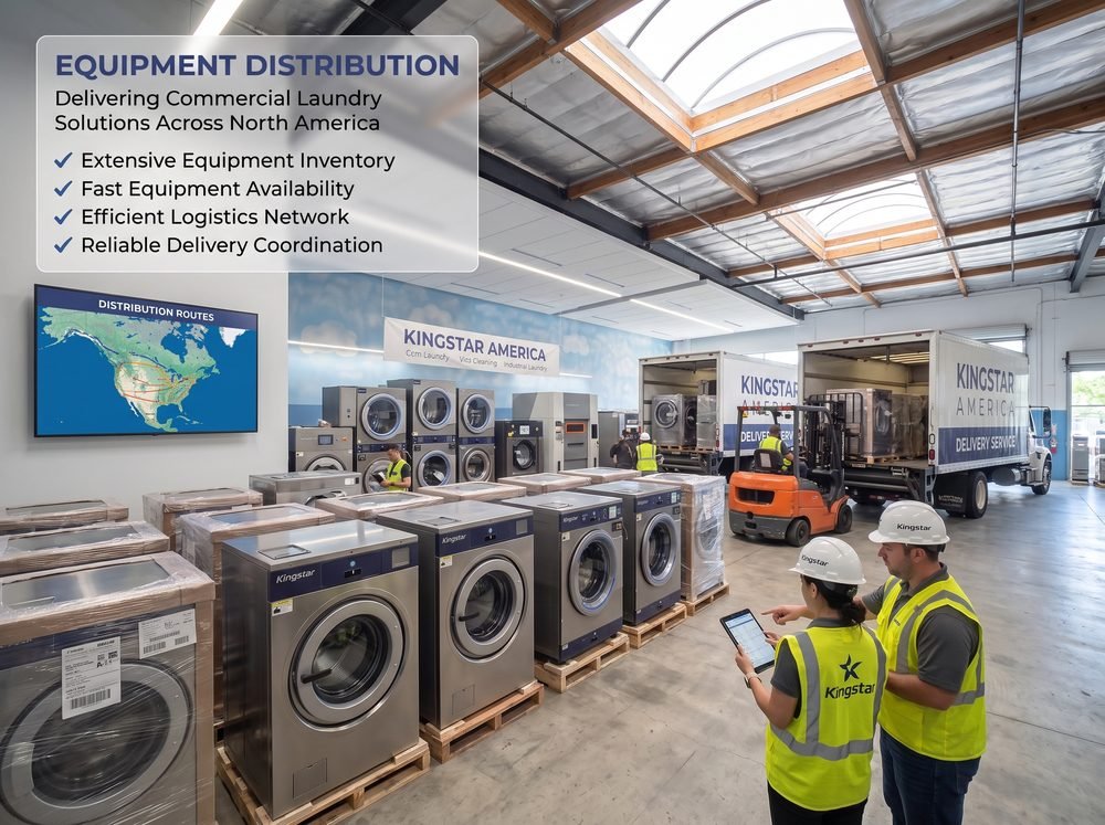 Kingstar America warehouse team coordinating commercial laundry equipment shipments beside branded delivery trucks