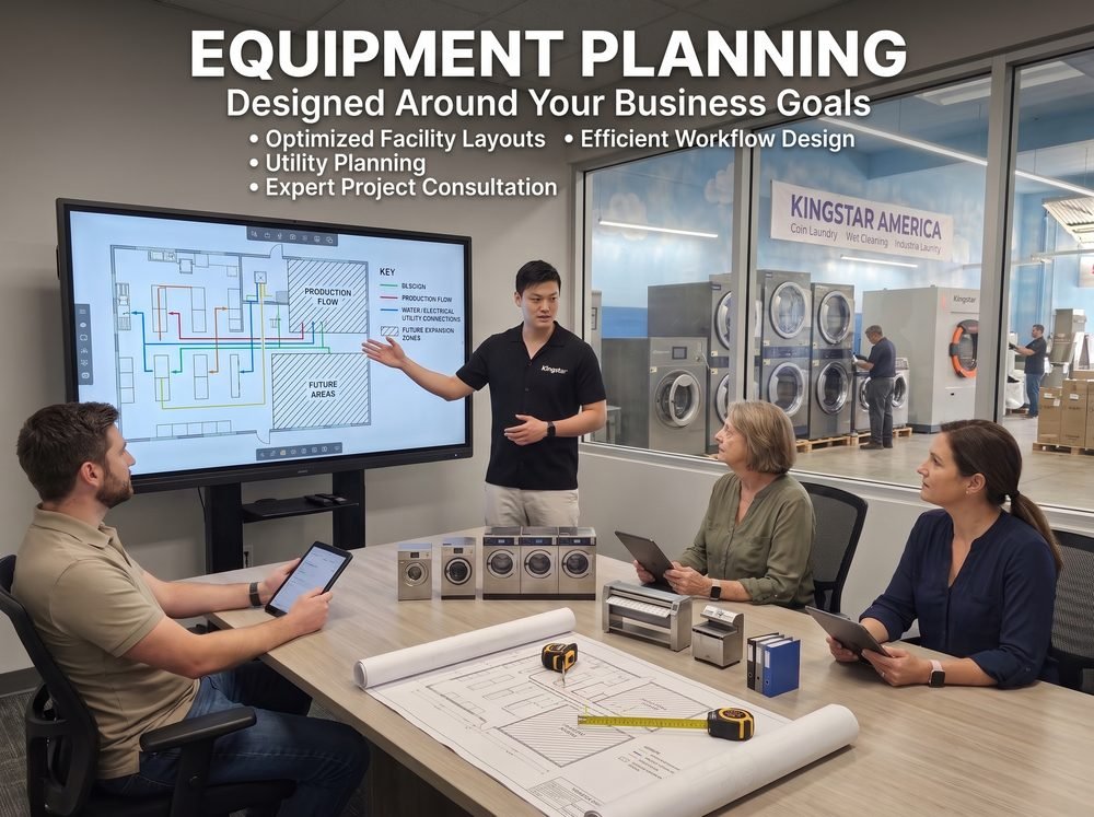 Kingstar America specialist presenting an optimized commercial laundry facility layout and workflow plan to clients