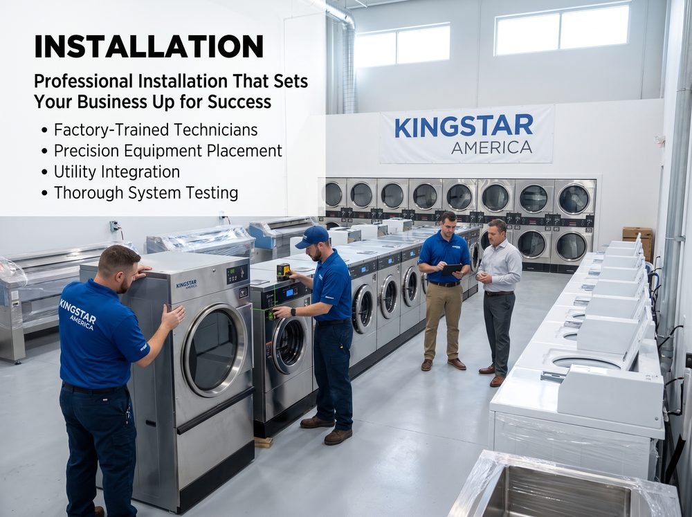 Factory-trained Kingstar America technicians installing and precisely placing commercial laundry machines in a new facility