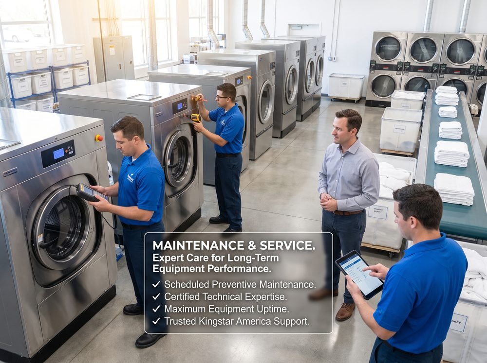 Kingstar America technicians performing scheduled preventive maintenance on commercial washers and dryers