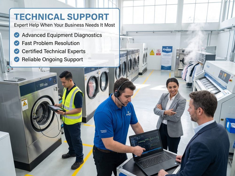 Kingstar America support specialist running commercial laundry equipment diagnostics on a laptop with a certified technician