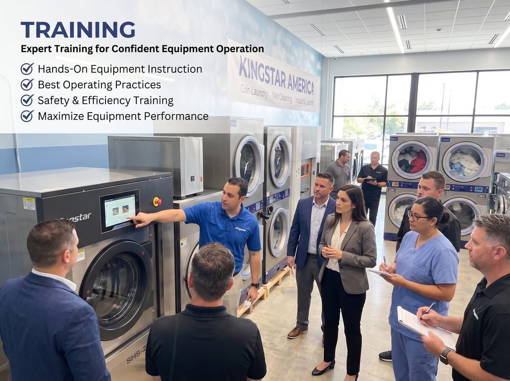 Kingstar America trainer leading a hands-on operator training session on commercial laundry equipment