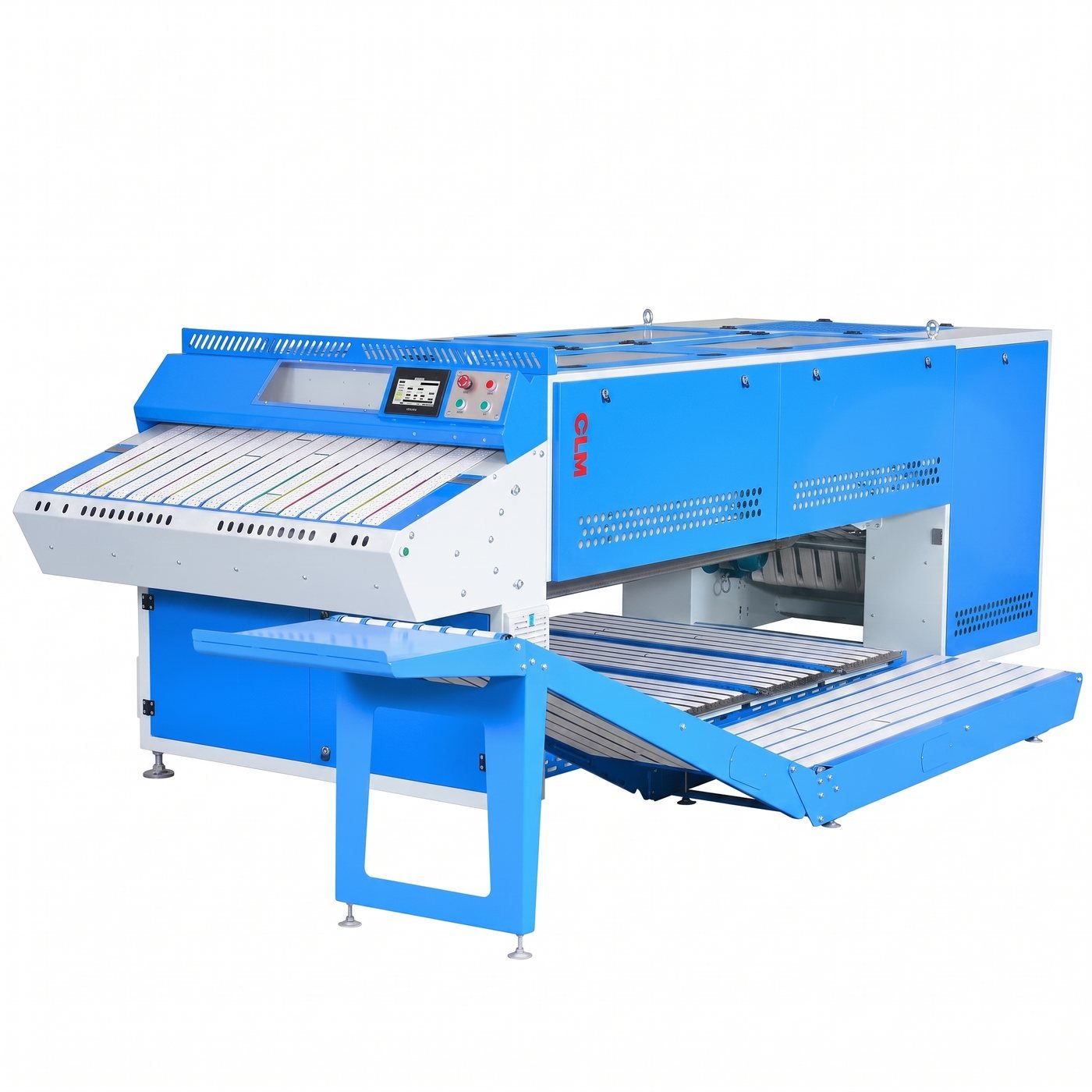Towel Folder with Mechanical Folding Blades — CLM industrial folder with multi-lane infeed and output beds