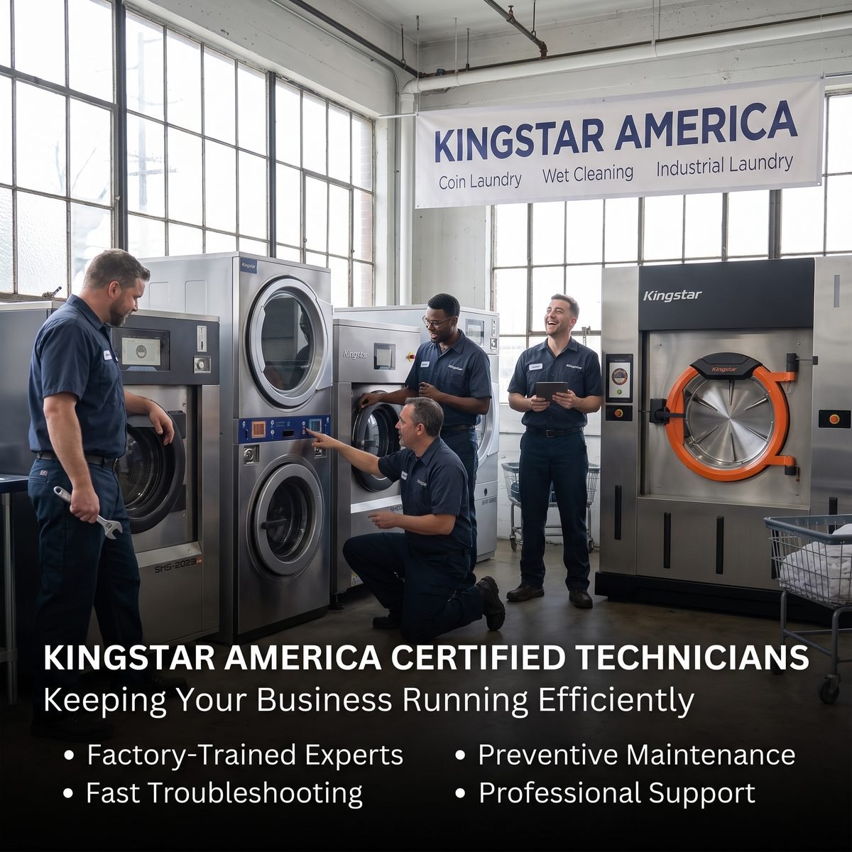 Factory-trained Kingstar America technicians servicing commercial washers and dryers