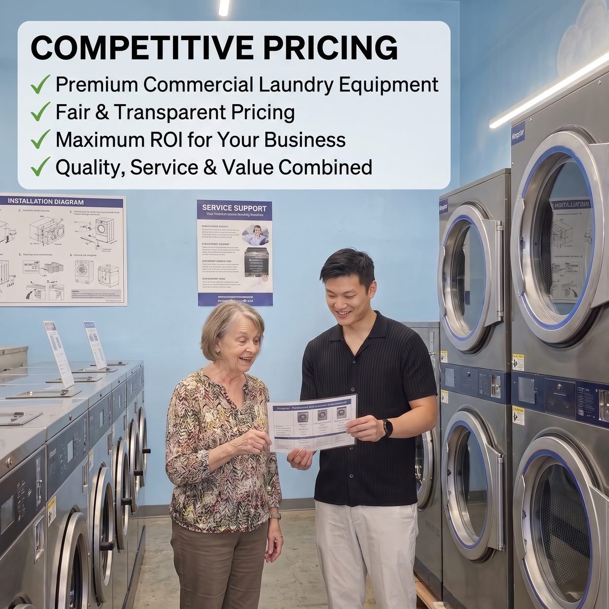 A customer reviewing a transparent equipment quote with a Kingstar America representative in a laundry showroom