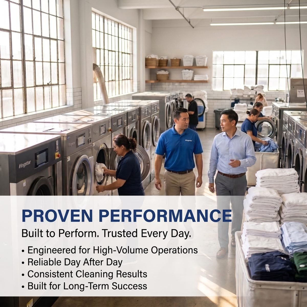 Kingstar machines running in a busy high-volume laundry facility, trusted day after day