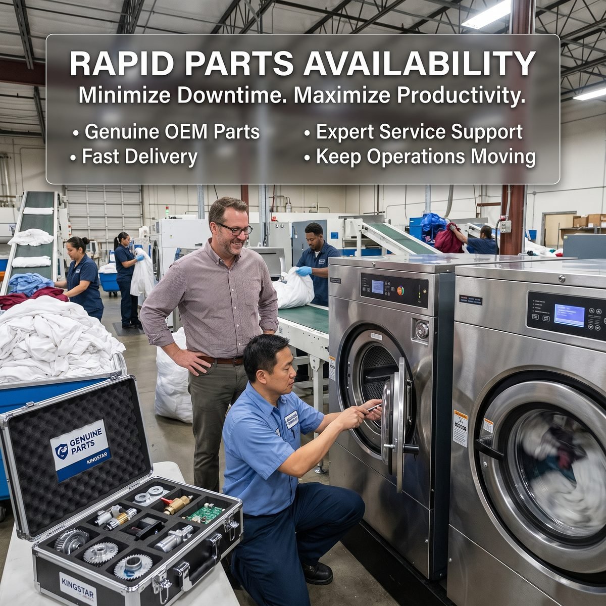 A Kingstar technician fitting a genuine OEM part beside a stocked parts case to minimize downtime